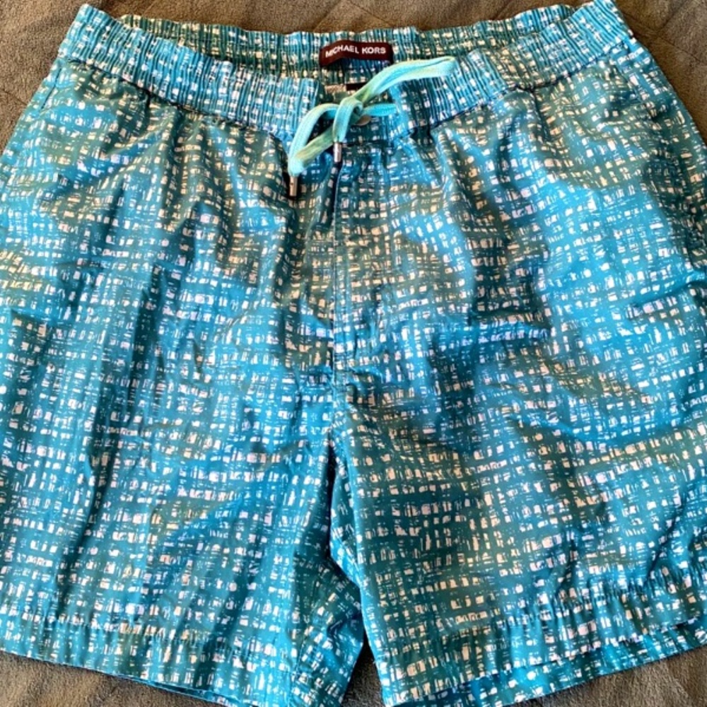Michael Kors Mens Swim trunks shorts swimsuit turquoise blue green zipper small